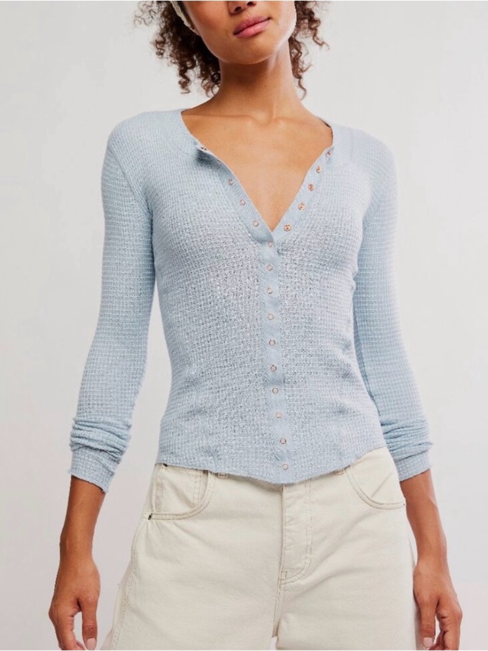 Free People Going Places Cardi Light Blue Waffle Knit Snap-Front New With Tags!
